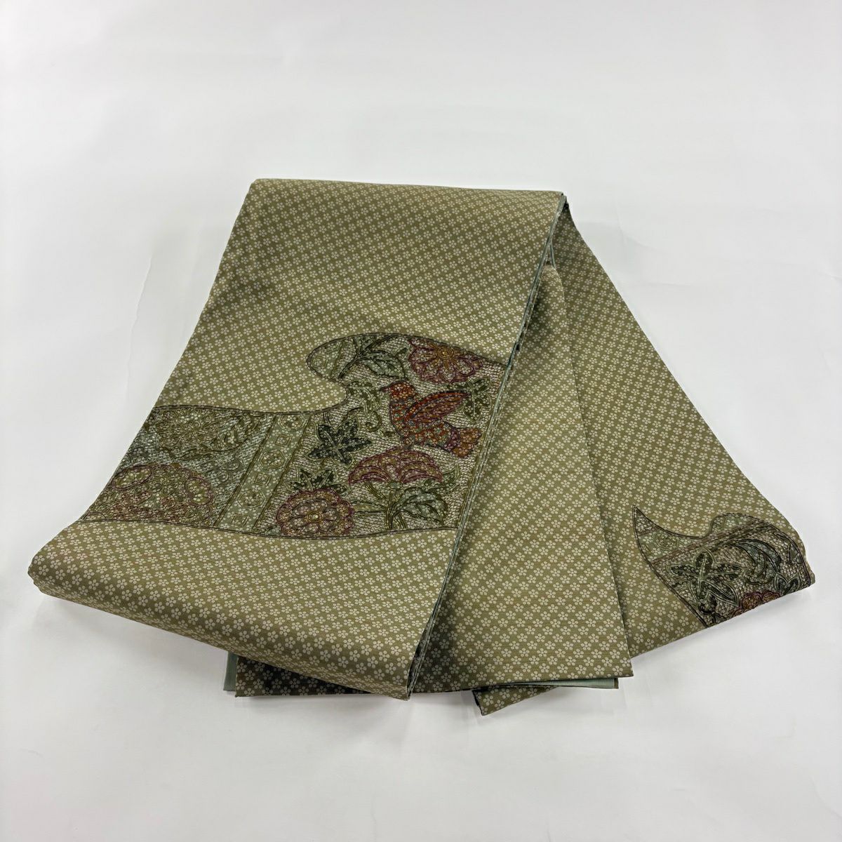 【美品】 袋帶 秀品級 鳥 草花紋 刺繡 鶯 深藍色 正蠶絲