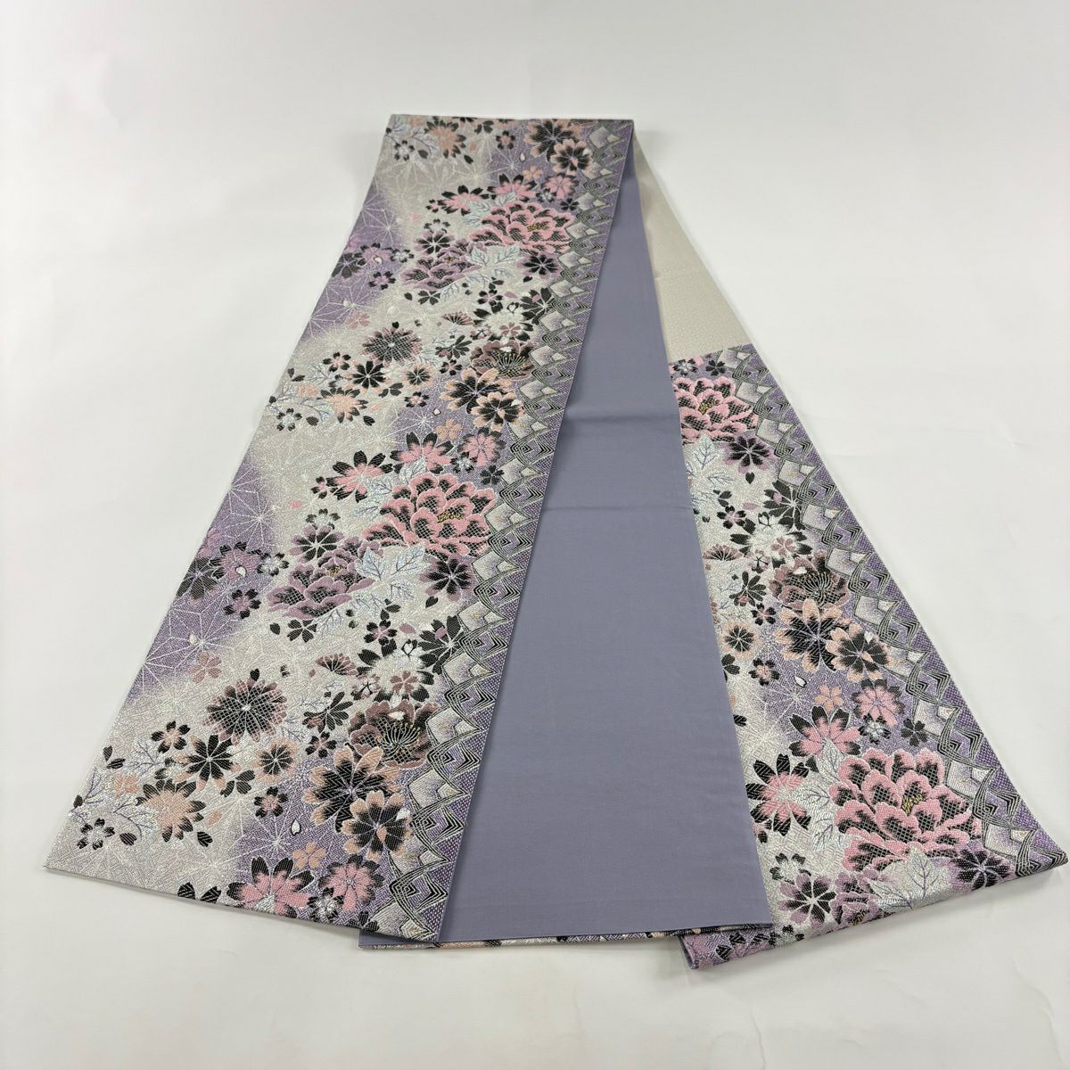 【美品】 袋帶 秀品級 大和 振袖禮服禮服用 櫻花 麻葉 金金箔 金線 灰紫 六通 純蠶絲