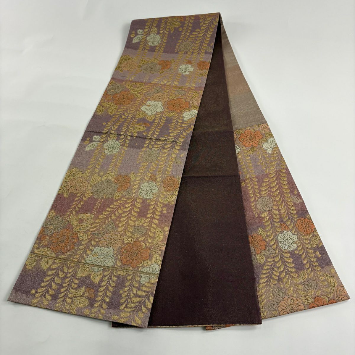 【美品】 袋帶 秀品級 彩幻 辻花染 藤 金金箔 金絲 灰紫 六通 純蠶絲