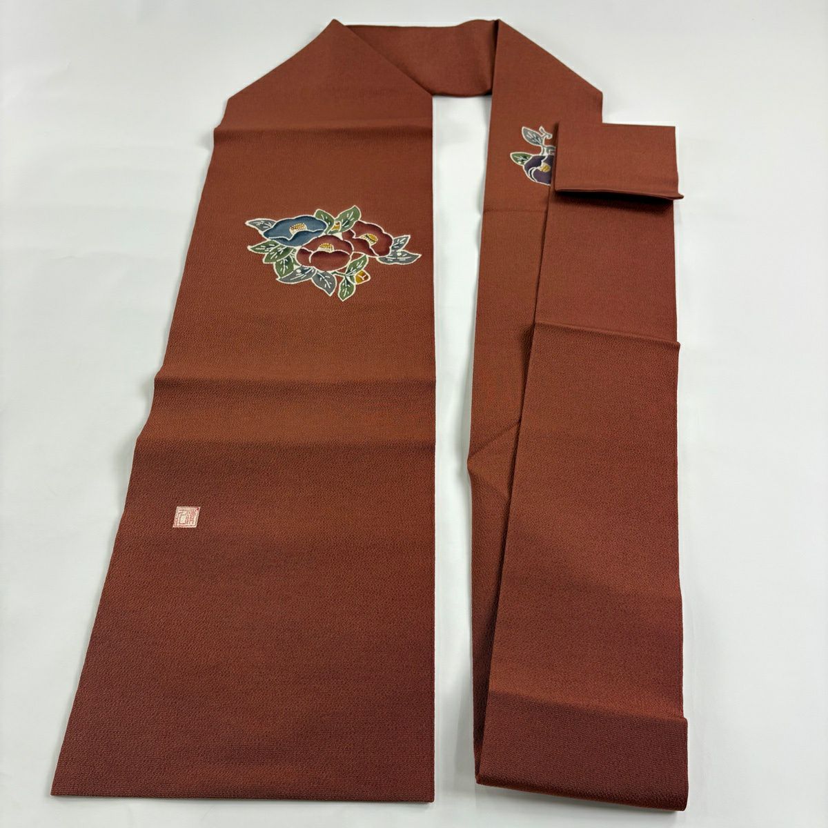 【美品】 名古屋帶 優品級 附落款 椿 花紋 絞織 小豆色 純蠶絲