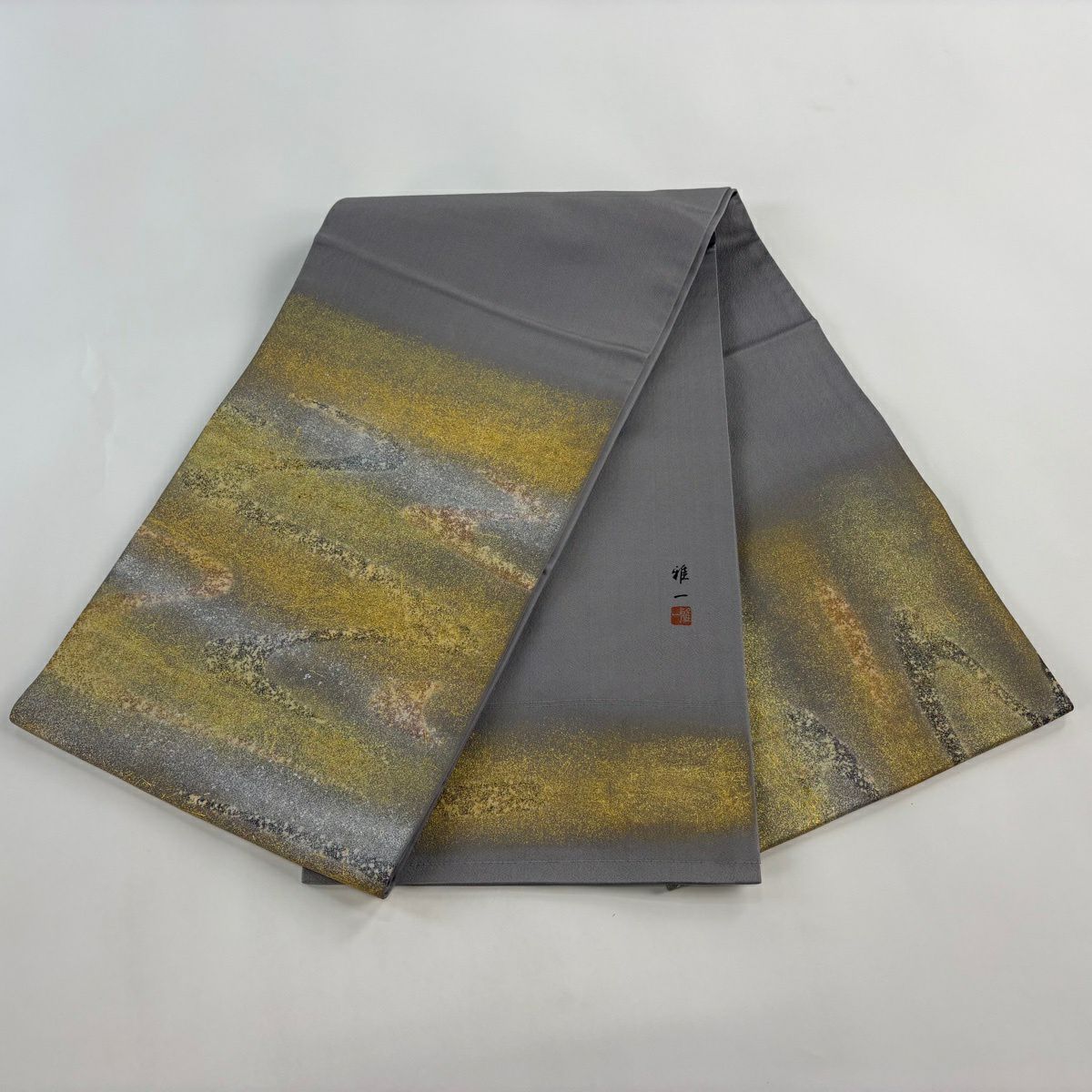 袋帶 秀品級 有落款 關西仕立 雲霞 金銀彩 金絲 灰色 大鼓圖案 純蠶絲