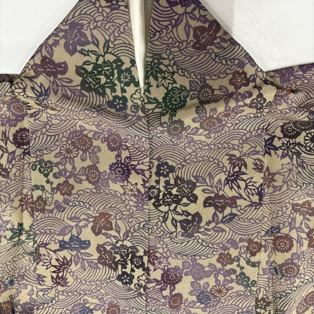 【美品】 小紋 身長160cm 袖長64cm M 雙層 波頭 草花紋紋 絞染 灰茶 純蠶絲 秀品級