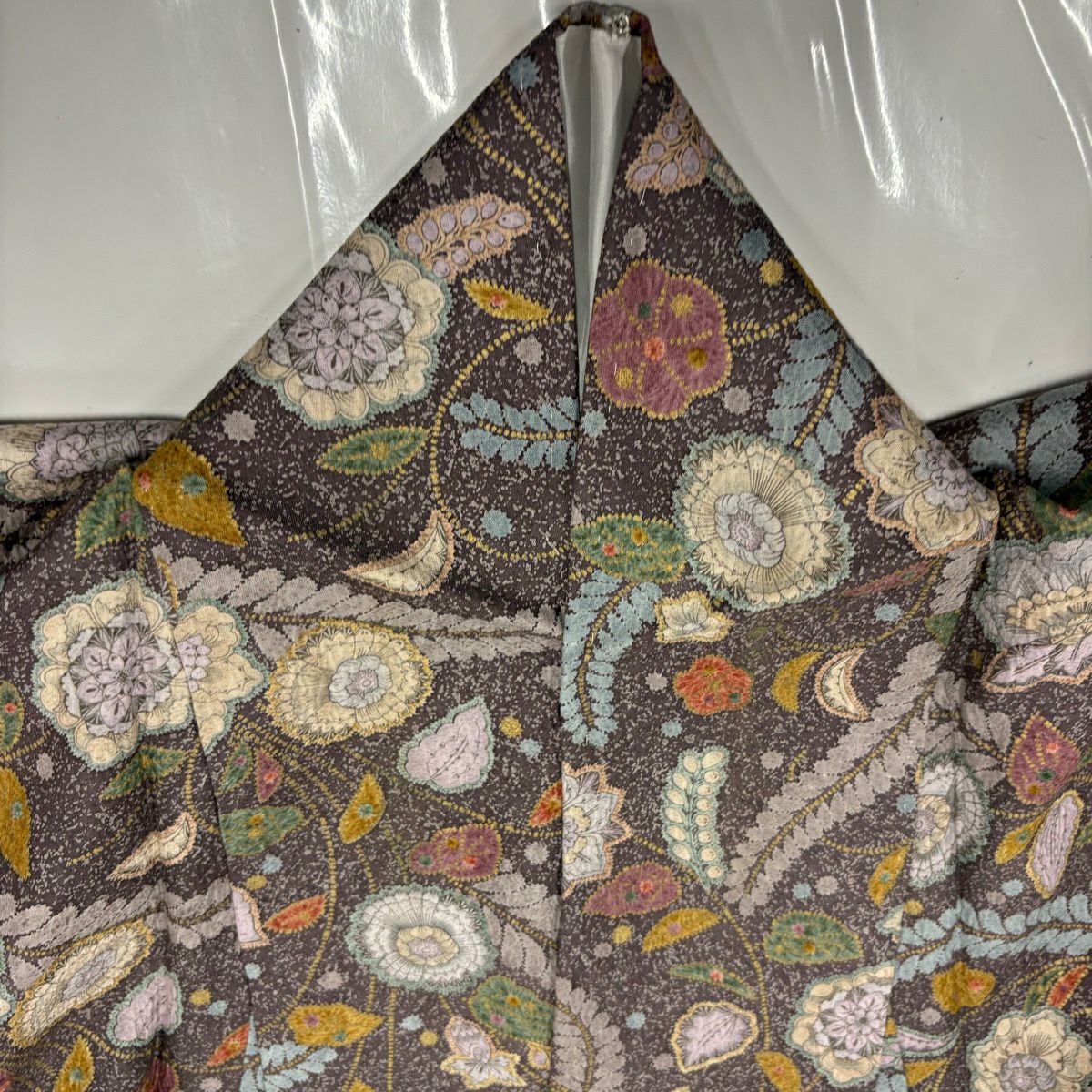 【美品】 小紋 身長156cm 袖長64cm M 雙層 草花紋紋 金彩裝飾 紫 純蠶絲 秀品級