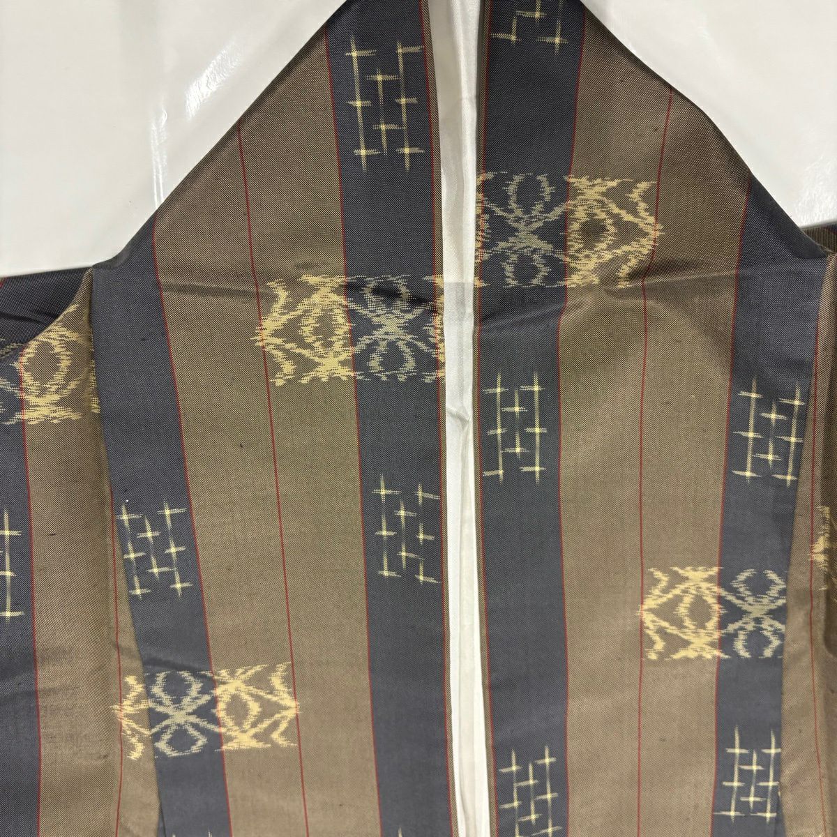 【美品】 紬織 身長163cm 袖長64cm M 雙層 縱條 麻葉 薄茶 純蠶絲 秀品級