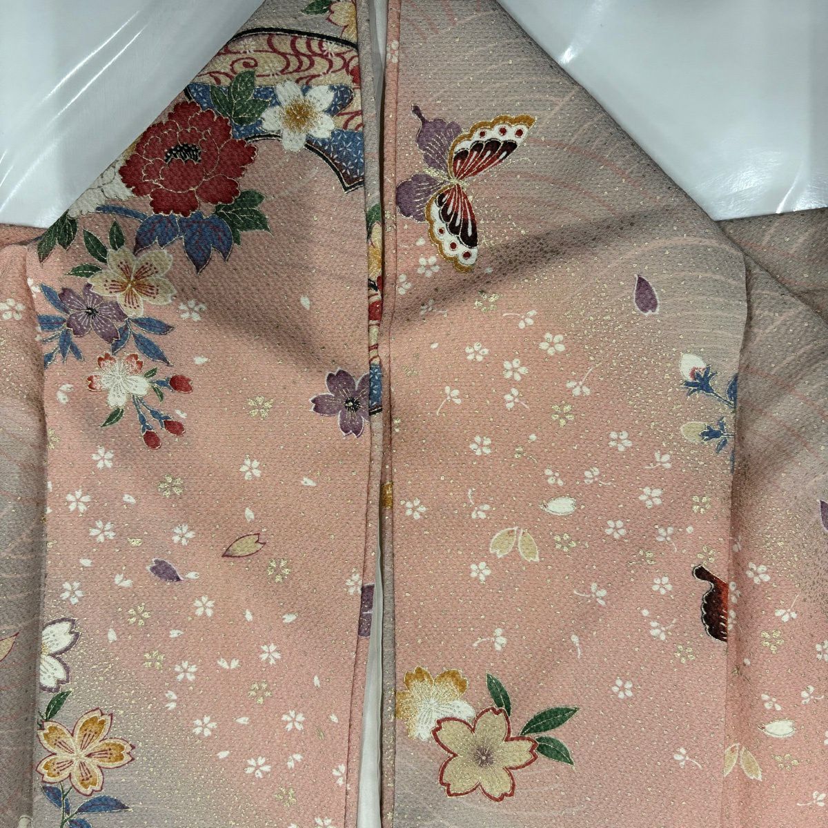 小紋 身長160.5cm 袖長65.5cm M 雙層 櫻花 蝴蝶 金銀彩 漸層 粉紅 純蠶絲 優品級