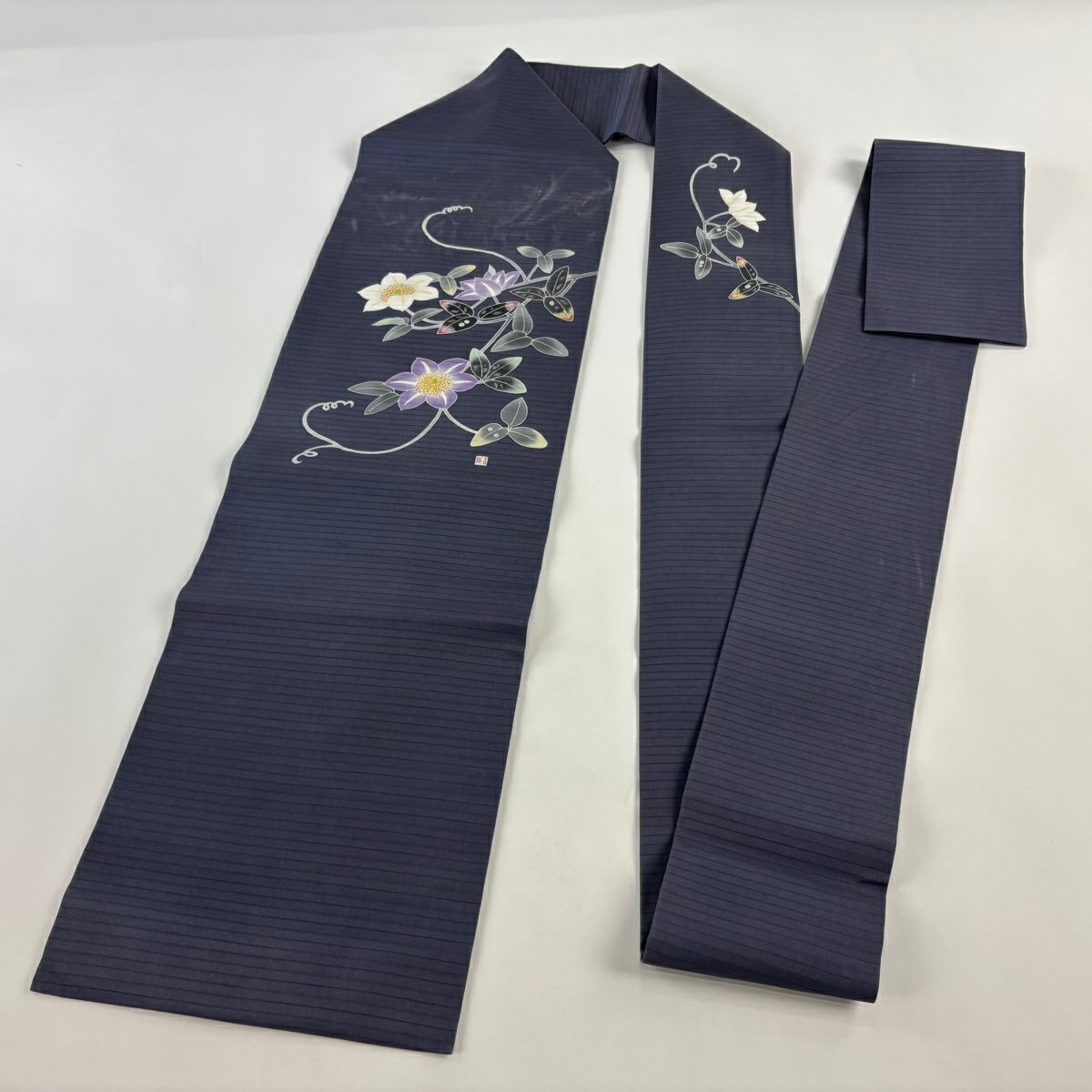 名古屋帶 逸品級 羽田登喜 落款 夏帶 絽 草花紋 青灰色 純蠶絲
