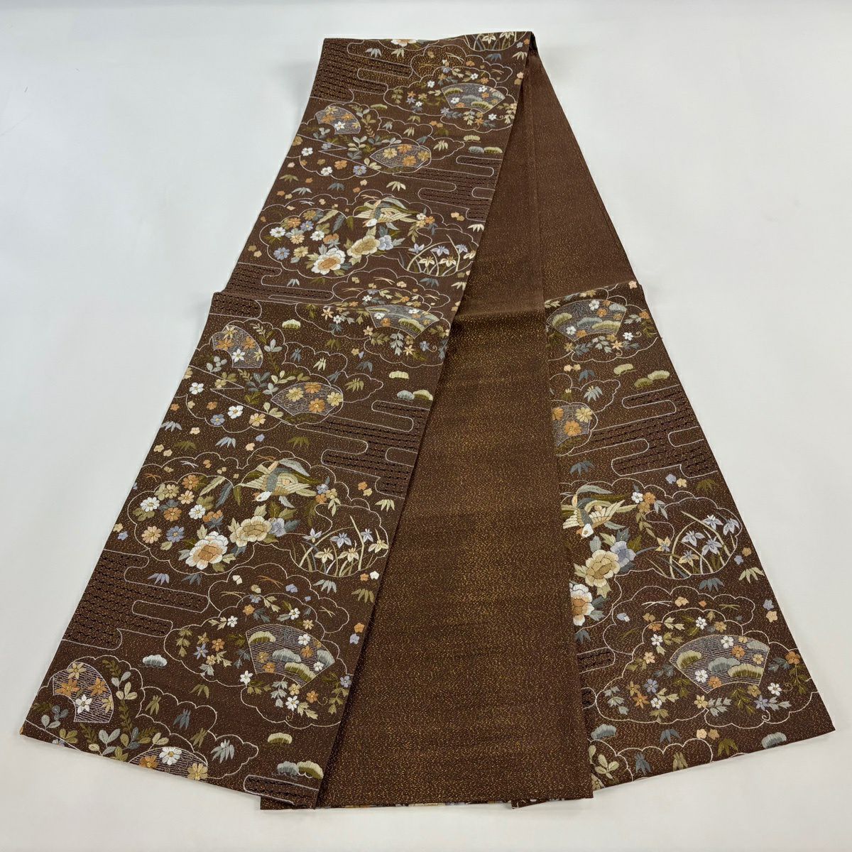 【美品】 袋帶 逸品級 扇子面 花鳥 刺繡 金糸 茶 六通 純蠶絲