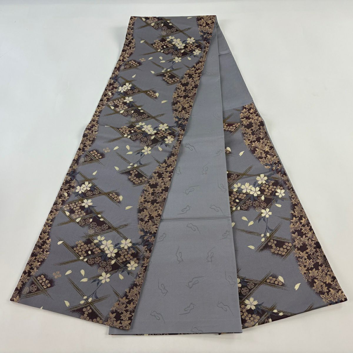 【美品】 袋帶 名品級 坂東三津五郎 落款あり 大和櫻 楓 金絲 淺紫 六通 純蠶絲