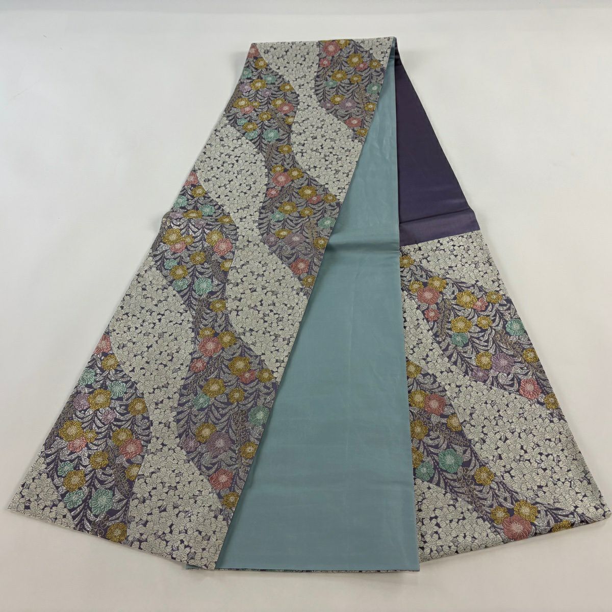 【美品】 袋帶 名品級 樱花 草花紋刺繡 金金箔 紫色 六通 純蠶絲
