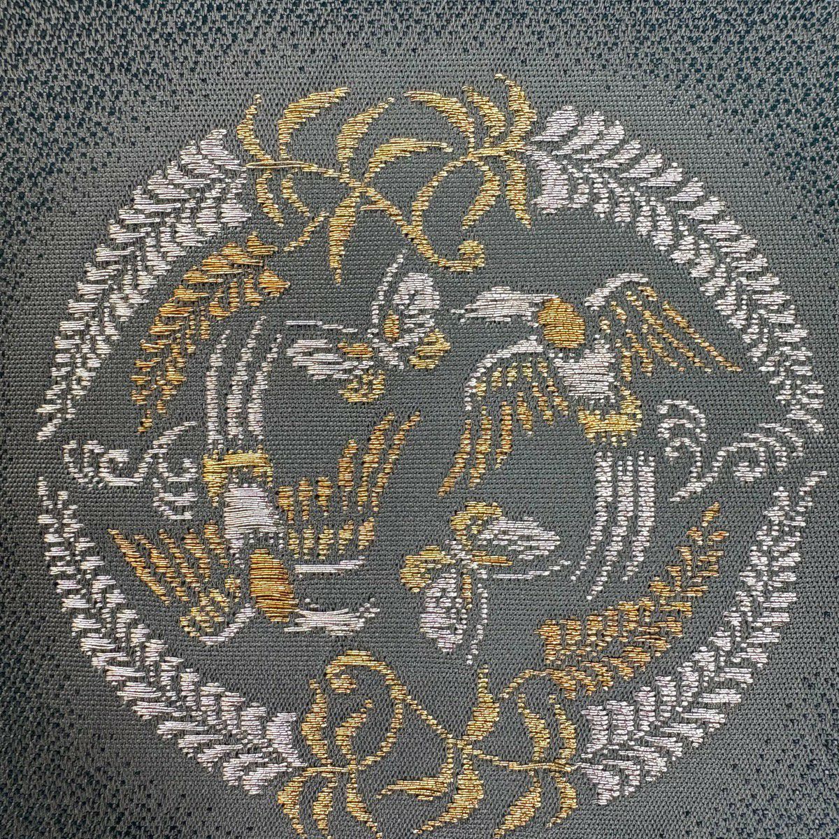 【美品】 付下 身長165cm 袖長67.5cm L 雙層 袋帶套裝 華紋 蜀江華紋 刺繡 金線 米色 純蠶絲 優品級