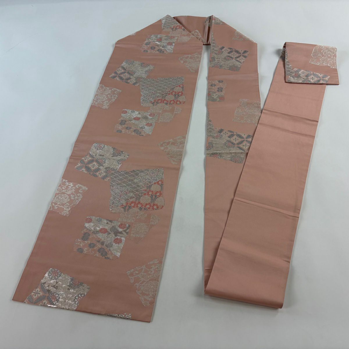 名古屋帶 優品級 破裂色紙 草花紋紋 金金箔 淺粉色 純蠶絲