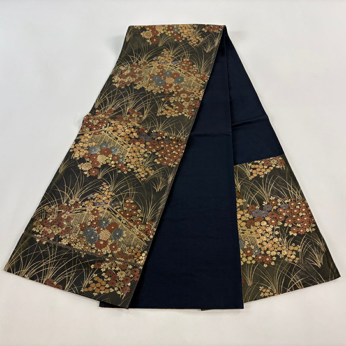 【美品】 袋帶 名古屋帶 優品級 草花紋紋 衝立 金絲 金金箔 深藍 純蠶絲