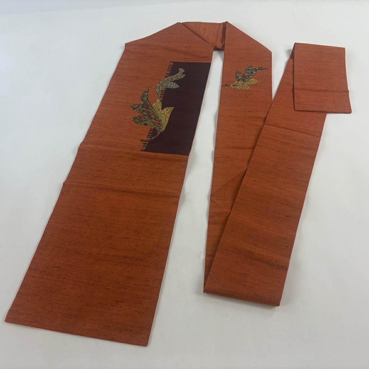 【美品】 名古屋帶 優品級 更紗 葉柄 切嵌 紬織織 橙色 純蠶絲