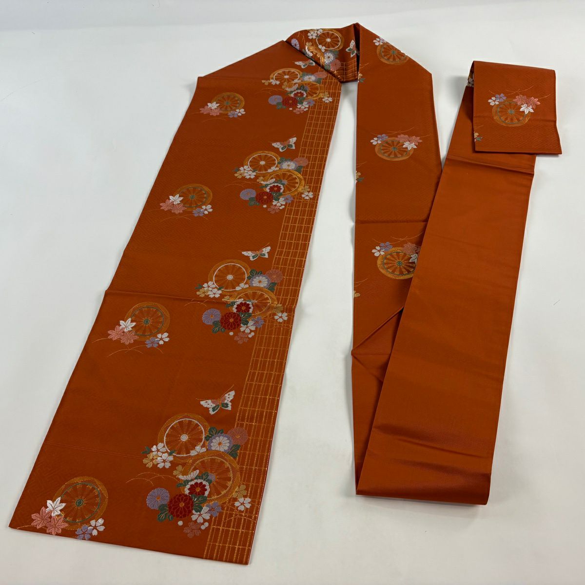 名古屋帶 優品級 片輪車 蝶 金金箔 朱 純蠶絲
