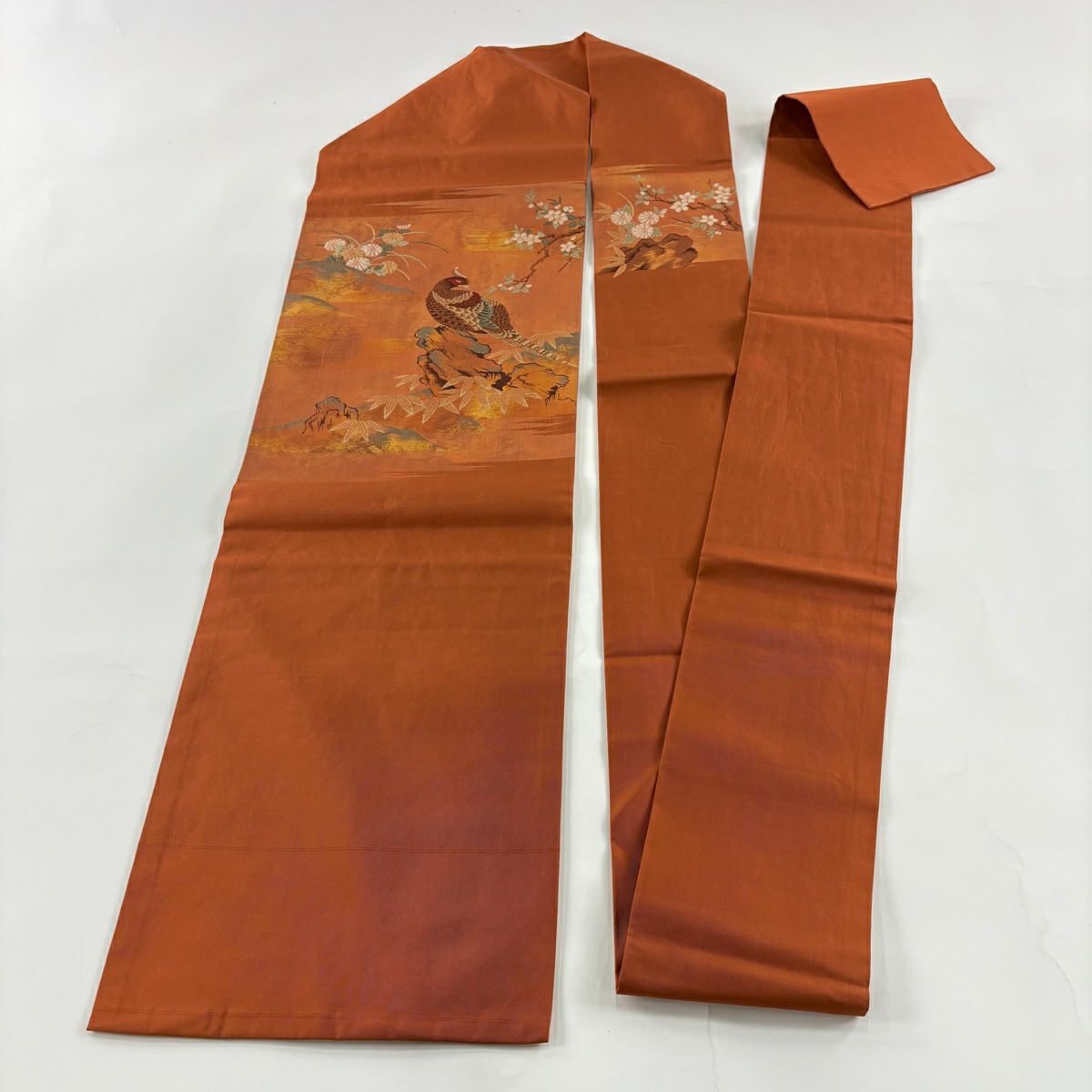 【美品】名古屋帶 優品級 關西仕立 紅雀 笹 金絲 金金箔 茶 純蠶絲