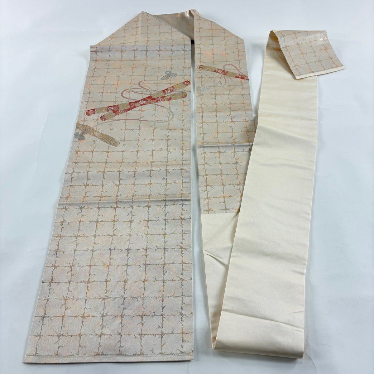【美品】 名古屋帶 優品級 關西仕立 雙層 組紐 金銀彩 金金箔 米色 純蠶絲