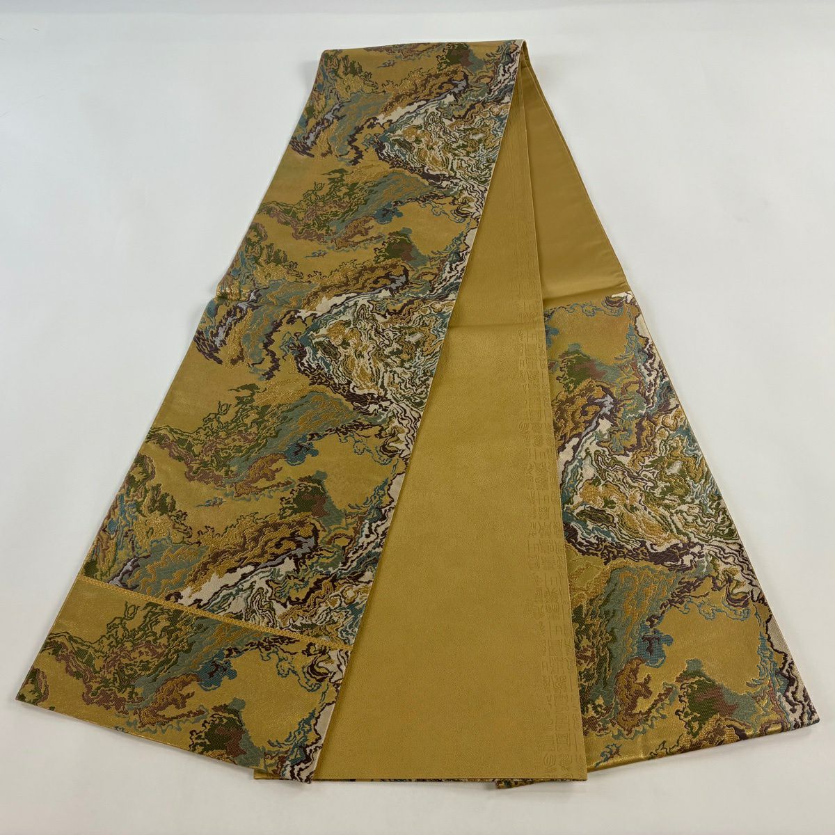 【美品】 袋帶 秀品級 有落款 幾何學 金金箔 唐織 金色 六通 純蠶絲