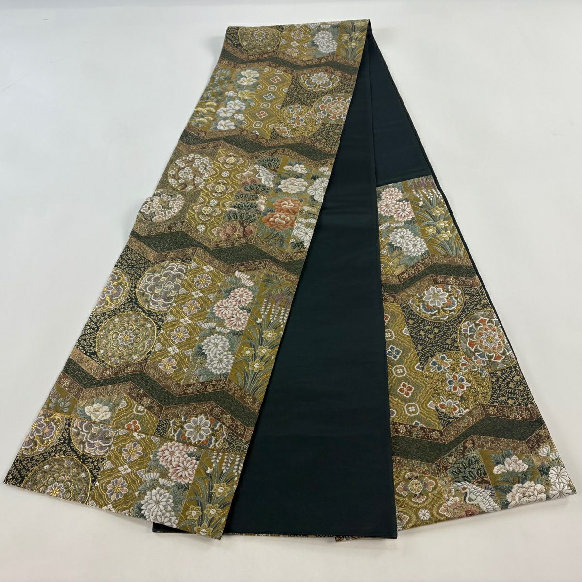 【美品】 袋帶 秀品級 障壁草花紋屏風圖 華紋 花鳥 唐織 金絲 深綠 六通 純蠶絲