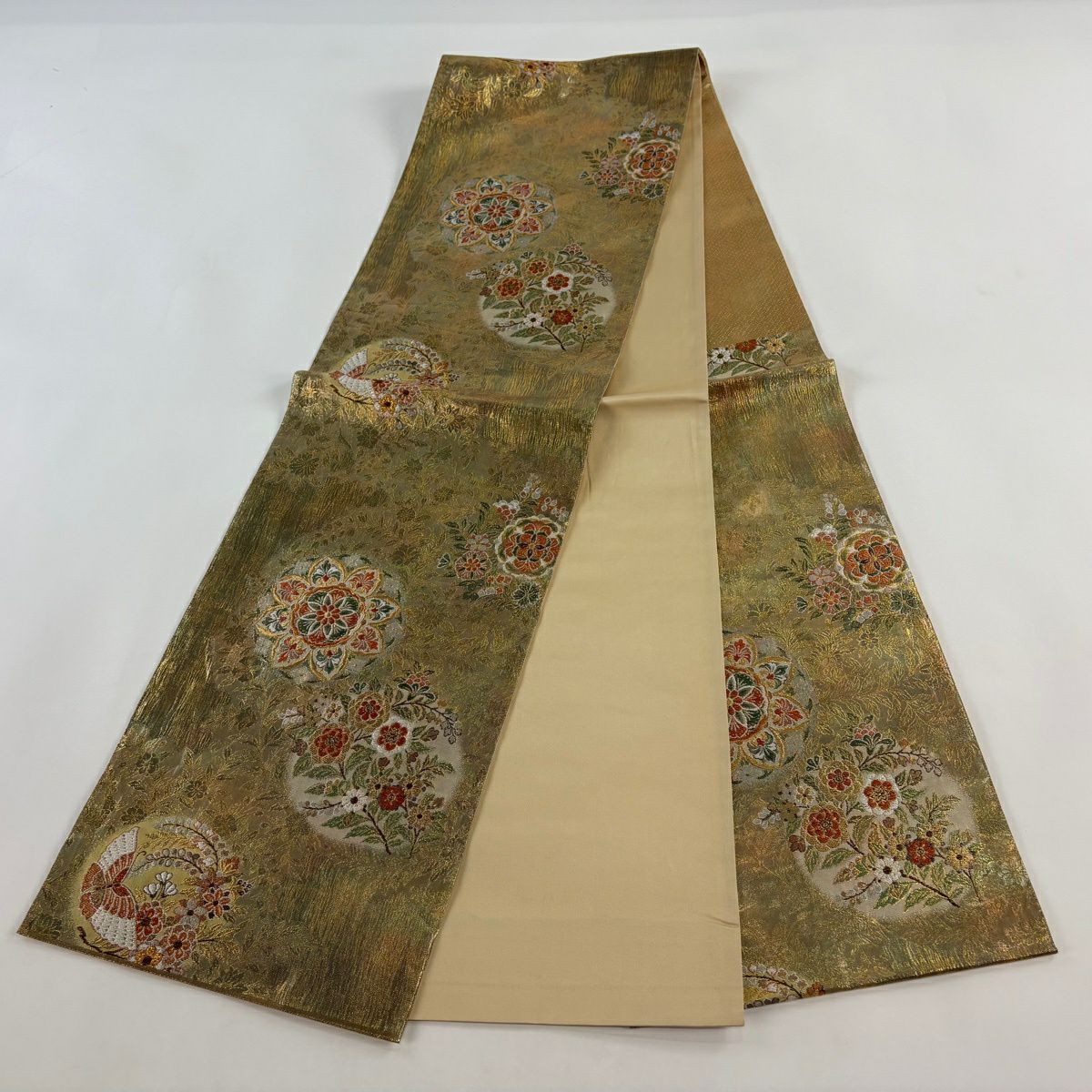 【美品】 袋帶 秀品級 華紋 草花紋 金絲 金金箔 金色 六通 純蠶絲