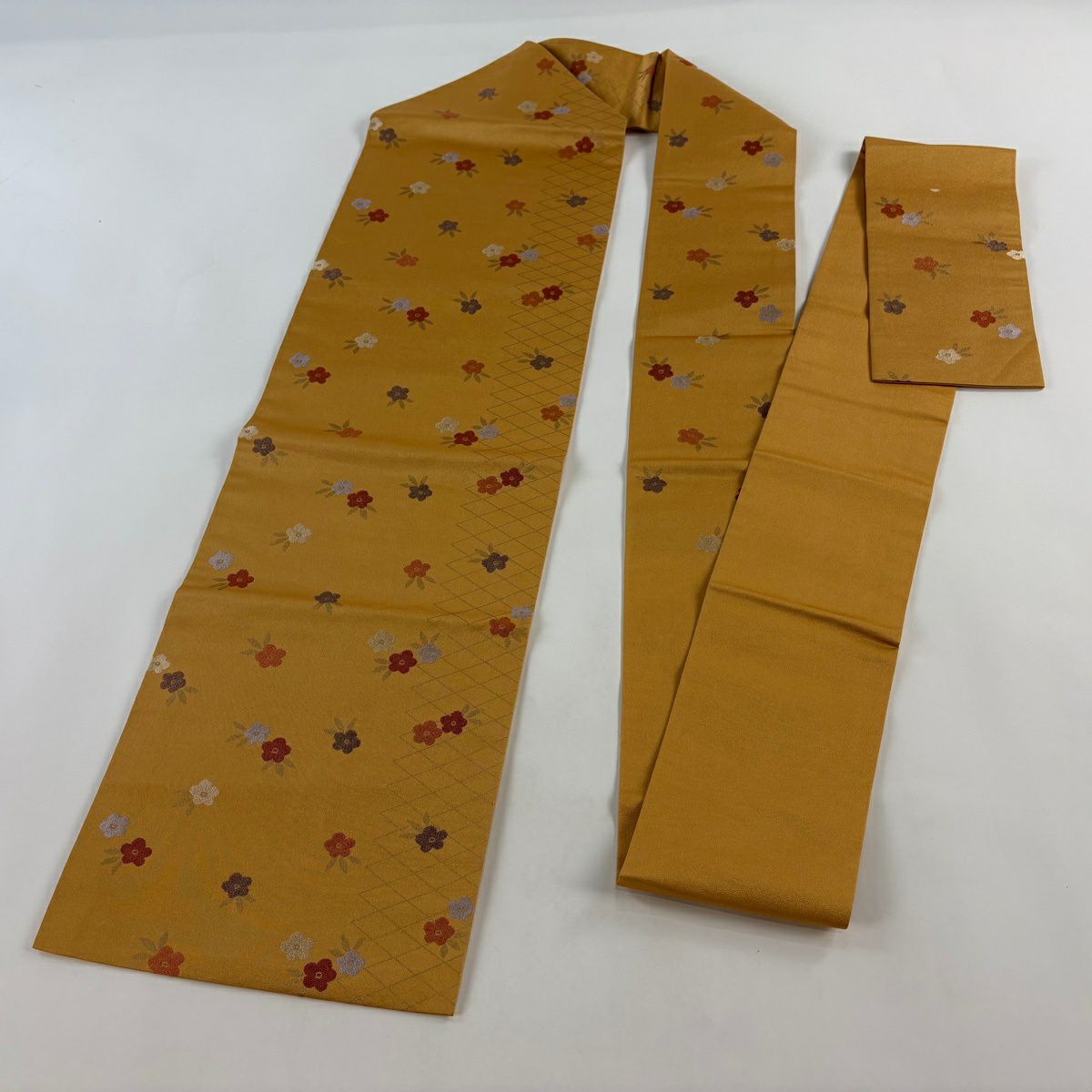 【美品】名古屋帶 秀品級 梅花 斜格紋 金金箔 山吹茶 純蠶絲
