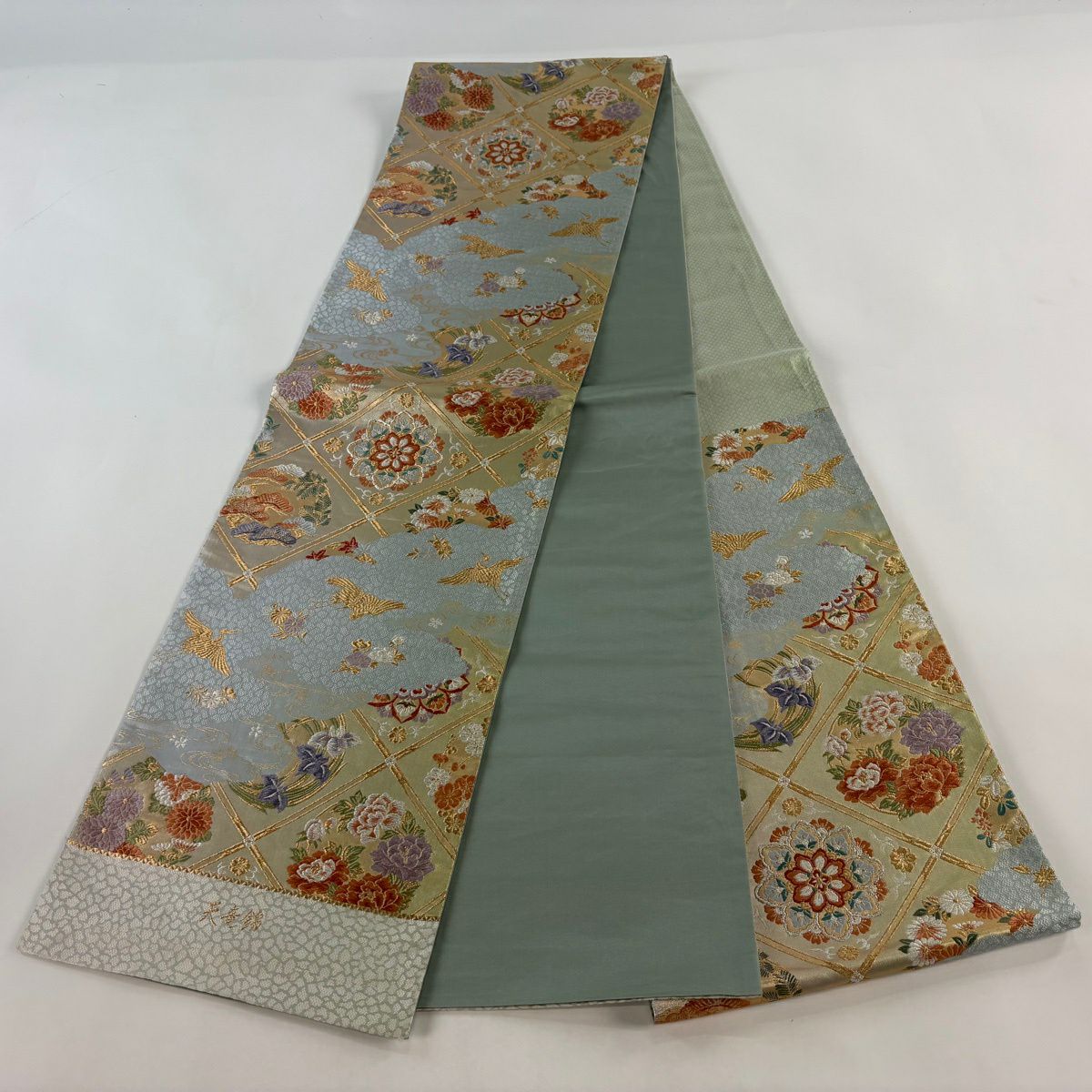 【美品】 袋帶 秀品級 天龍錦 華紋 花鳥 刺繡 金銀彩 青灰 六通 純蠶絲