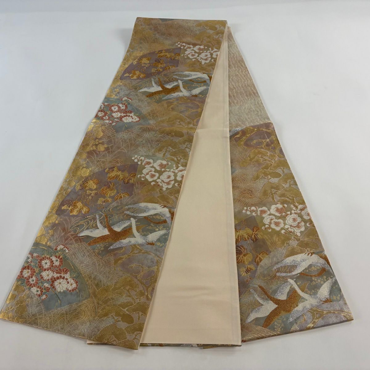 【美品】 袋帶 秀品級 仙鶴 枝梅花 金金箔 刺繡 金 六通 純蠶絲