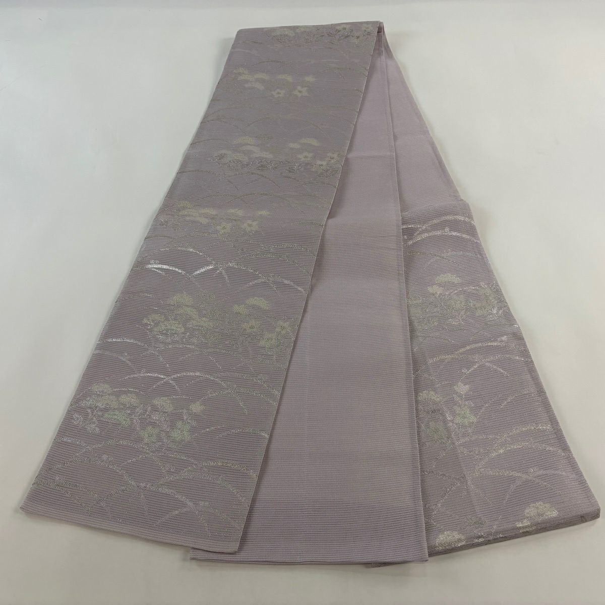 【美品】 袋帶 秀品級 夏帶 絽 秋草 芝 金金箔 灰紫 六通 純蠶絲