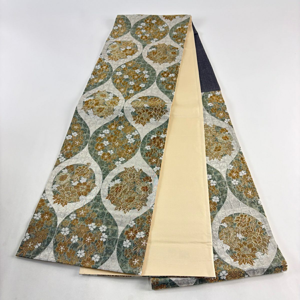 【美品】 袋帶 秀品級 大和 草花紋 格子 金銀絲 唐織 淺綠 六通 純蠶絲