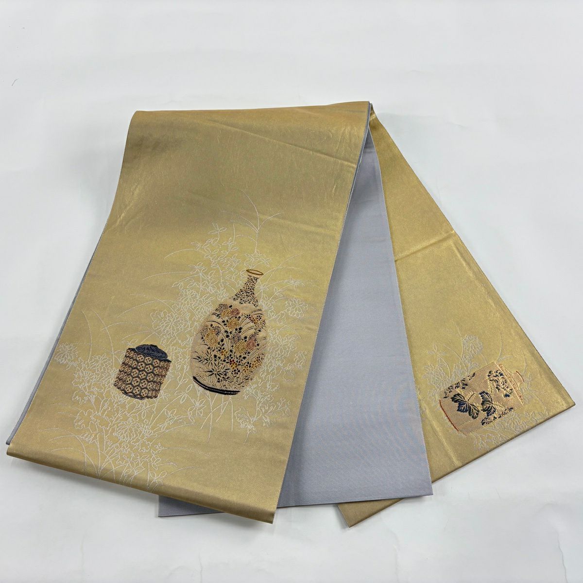 袋帶 秀品級 松樹尾光琳 落款 草花紋 陶器 金金箔 金色 大鼓圖案 純蠶絲