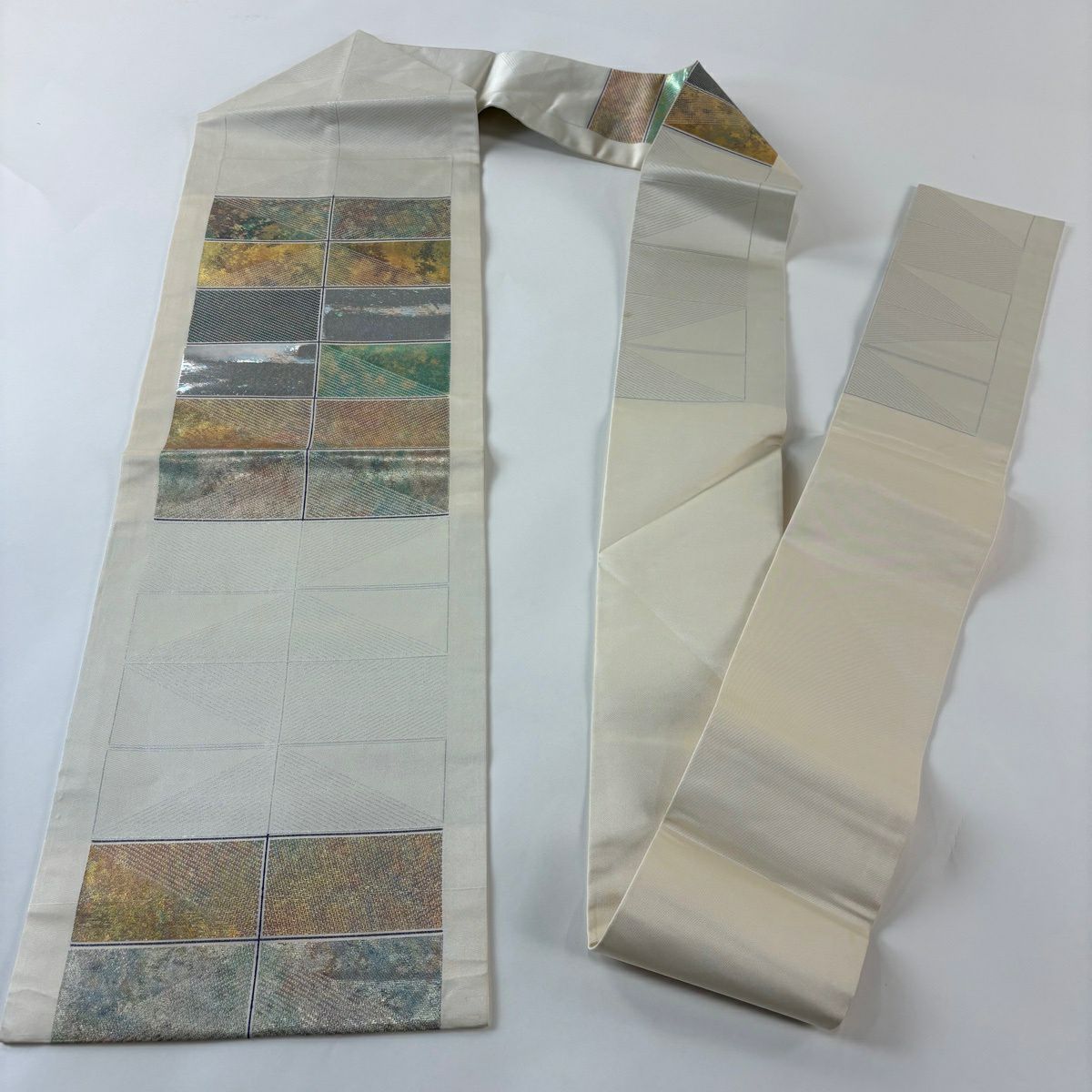 名古屋帶 秀品級 斜條 幾何圖案 金金箔 奶油色 純蠶絲