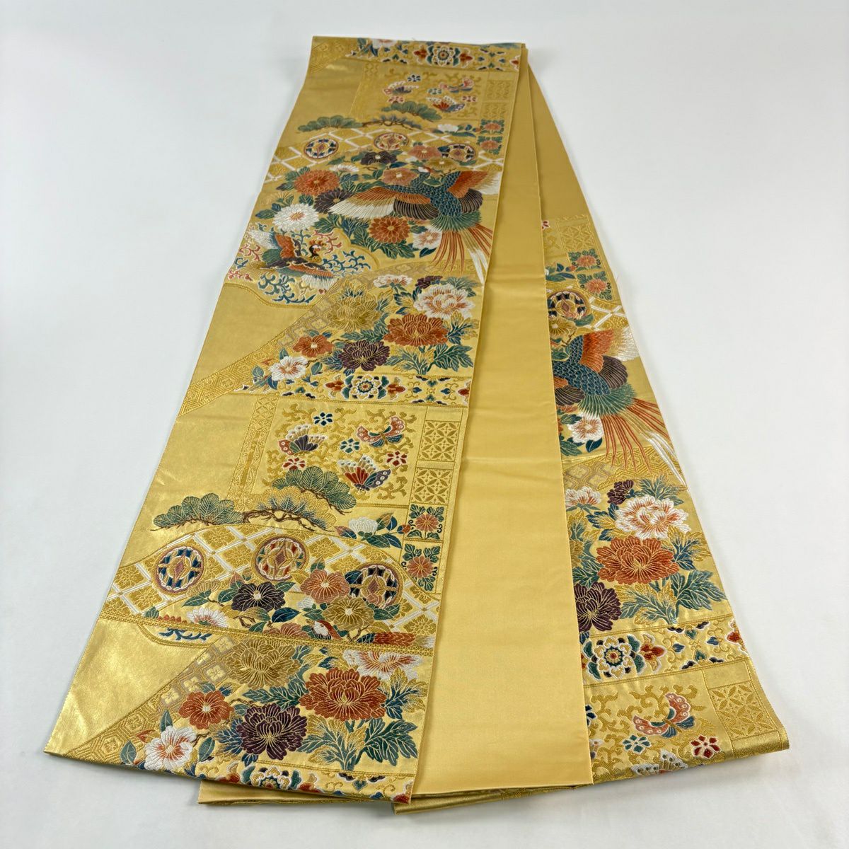 【美品】 袋帶 秀品級 鳳凰 菊花 唐織 金絲 金 六通 純蠶絲