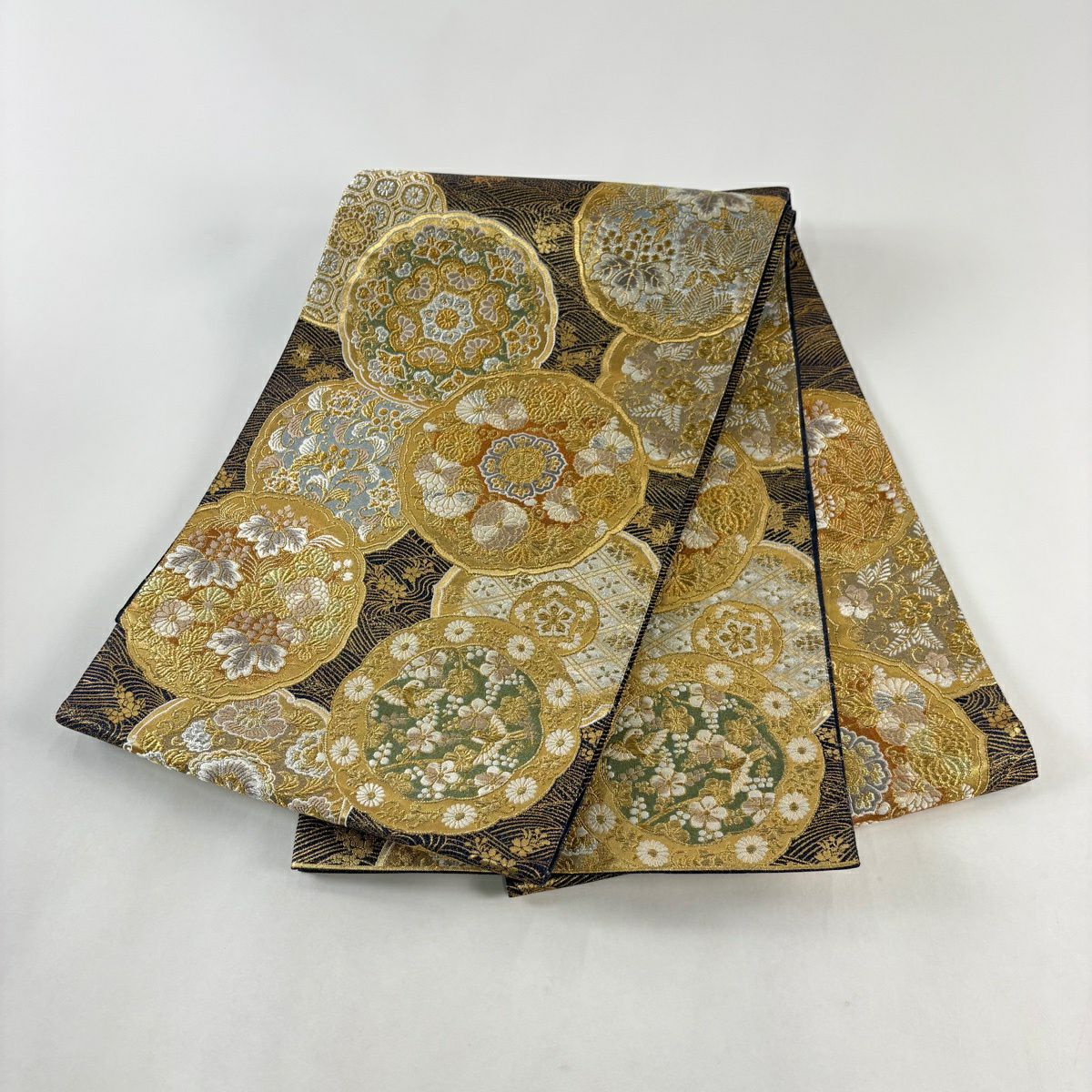 【美品】 袋帶 秀品級 華紋 花鳥 金銀線 金金箔 黑色 大鼓圖案 純蠶絲