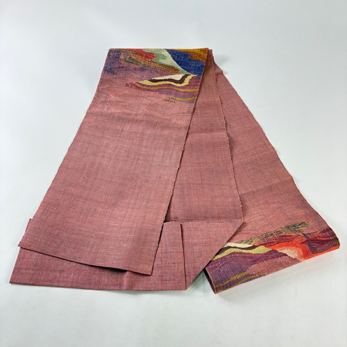 【美品】 名古屋帶 秀品級 八寸名古屋帶 松樹葉仕立 紬織織 風景 山並 粉紅 純蠶絲
