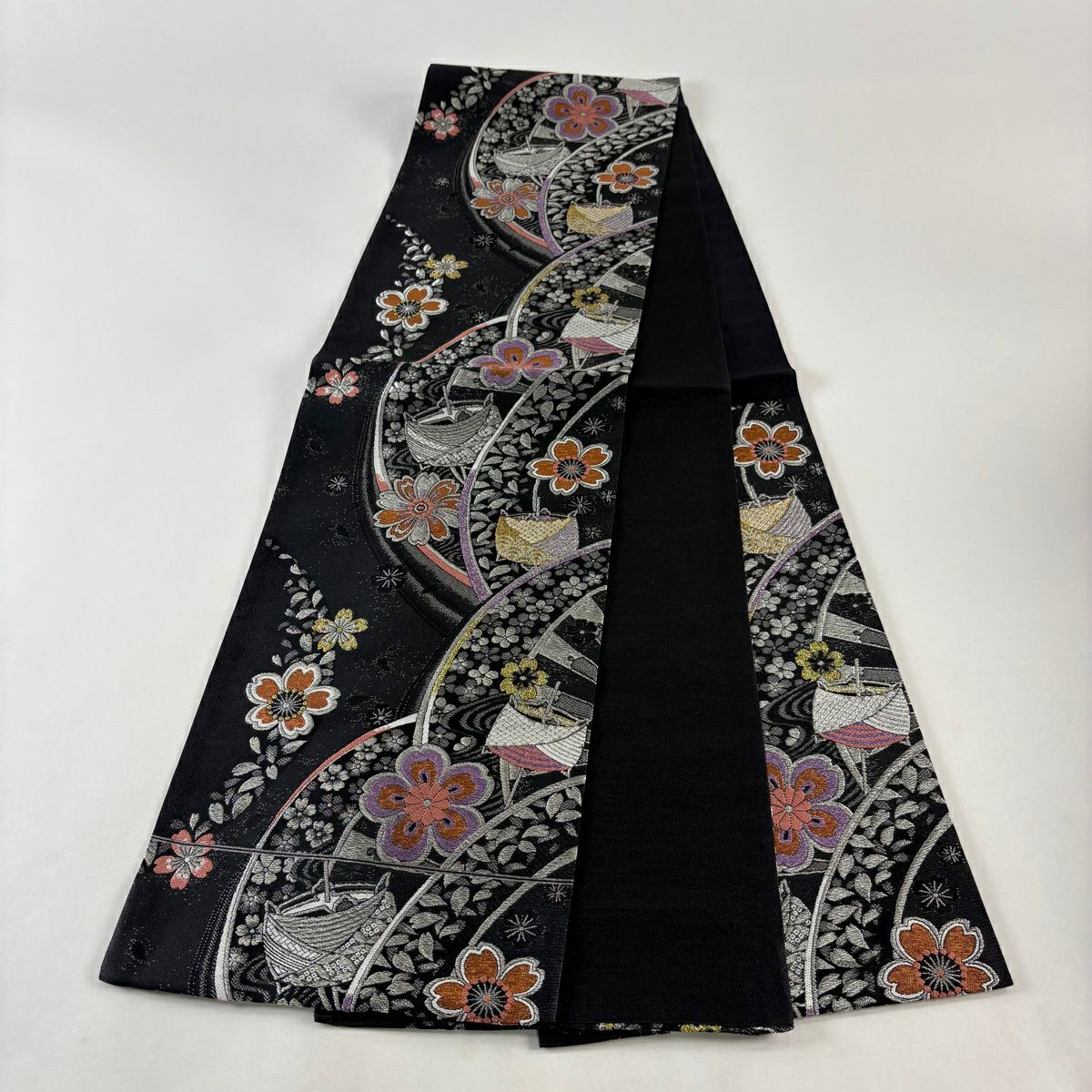 【美品】 袋帶 秀品級 櫻花 線捲 金銀線 金金箔 黑 六通 純蠶絲