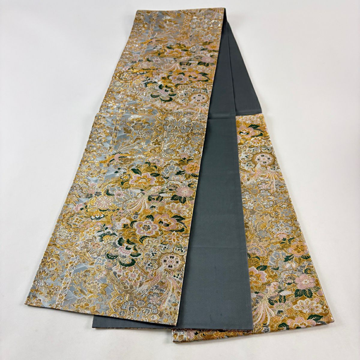 【美品】 袋帶 秀品級 落款あり 鳳凰 草花紋 金糸 金金箔 灰色 六通 純蠶絲