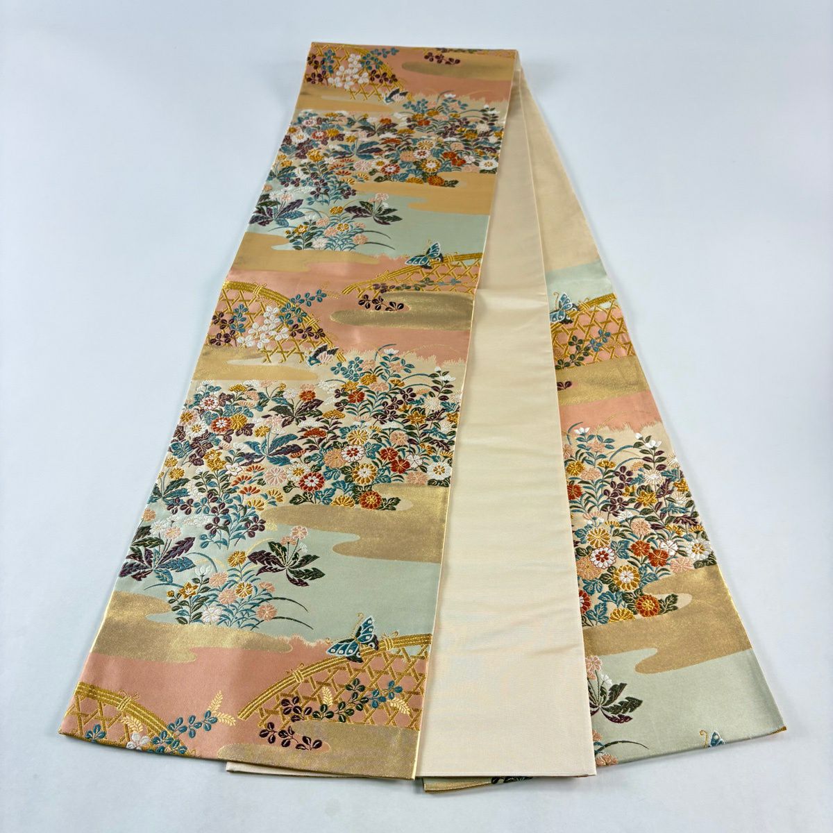 【美品】 袋帶 秀品級 秋草 ヱ霞 金絲 唐織 淺綠 六通 純蠶絲
