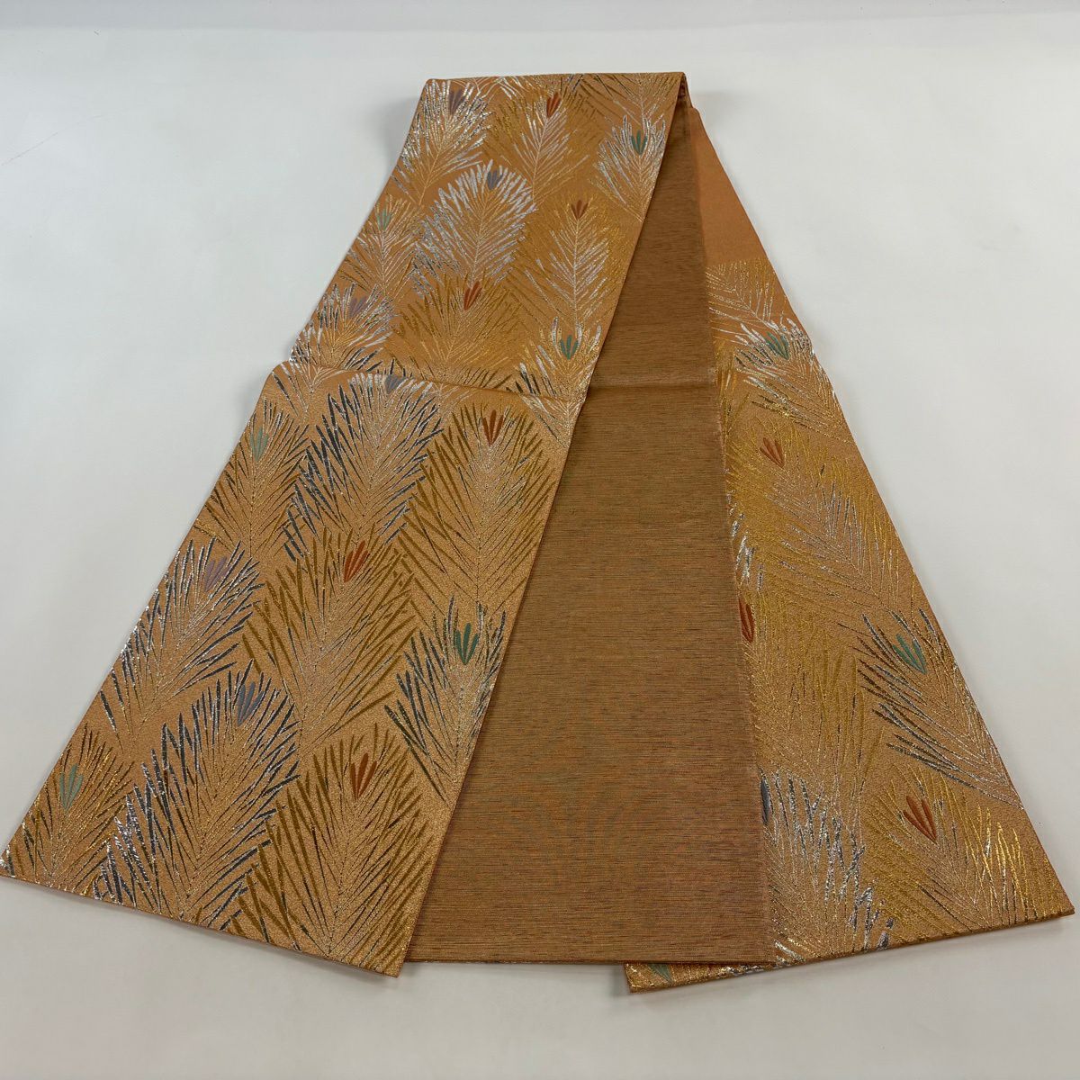 【美品】 袋帶 秀品級 若松樹 金金箔 橙色 六通 純蠶絲