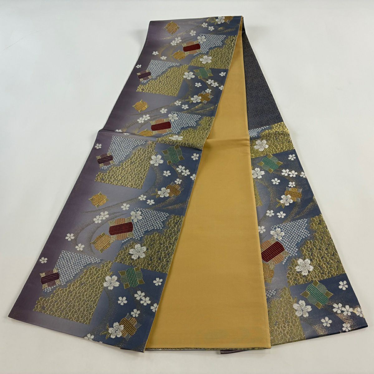 【美品】 袋帶 秀品級 線圈 櫻花 金金箔 金絲 青紫 六通 純蠶絲