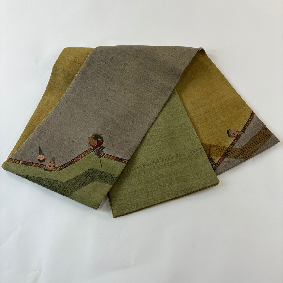 袋帶 秀品級 紬織織 玩具 刺繡 灰茶 お太鼓圖案 純蠶絲