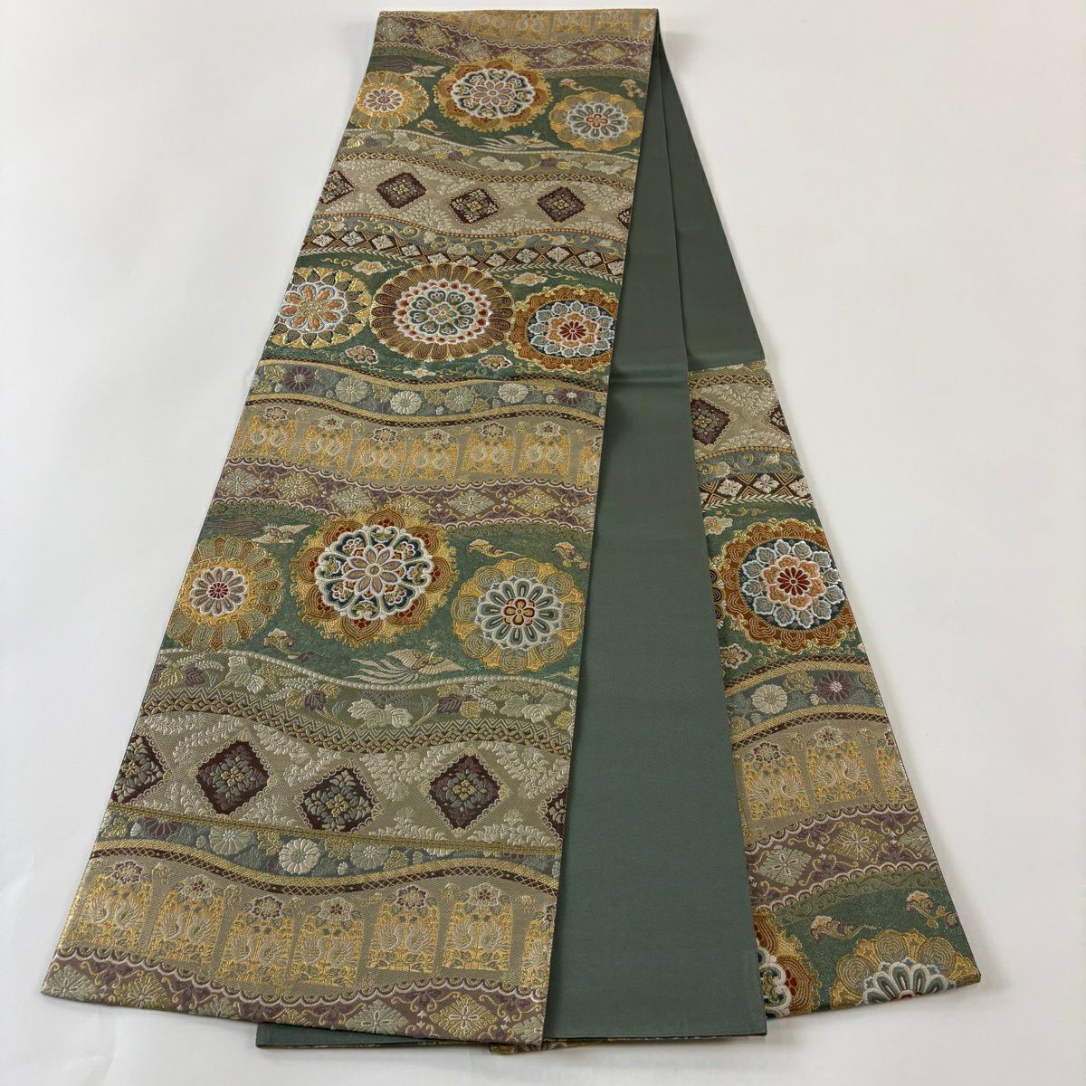 【美品】 袋帶 秀品級 華紋 花唐草紋 金絲 金金箔 綠 六通 純蠶絲