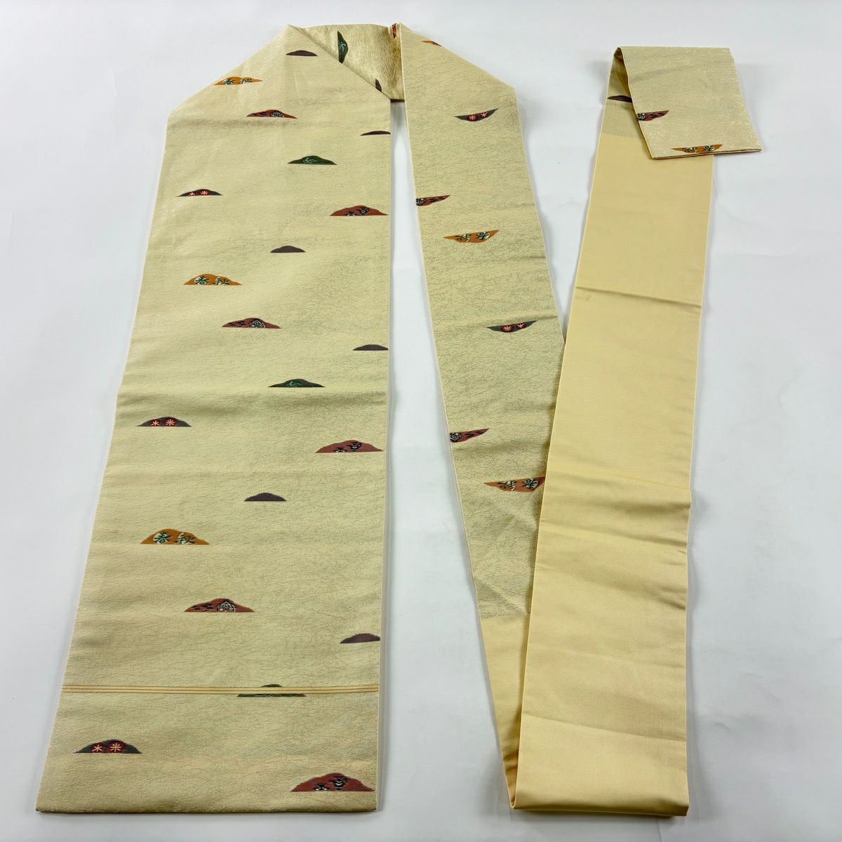 【美品】名古屋帶 秀品級 家屋 樹木 米色 純蠶絲