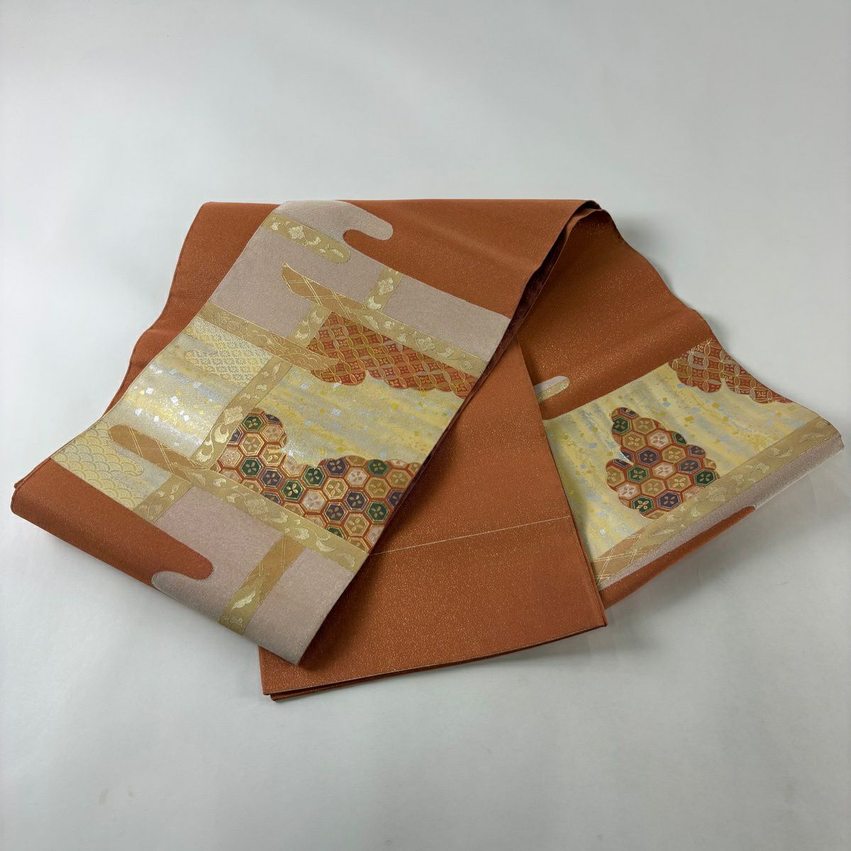 袋帶 秀品級 關西仕立 雜織 龜甲 七寶 金絲 金銀彩 橙色 大鼓圖案 純蠶絲