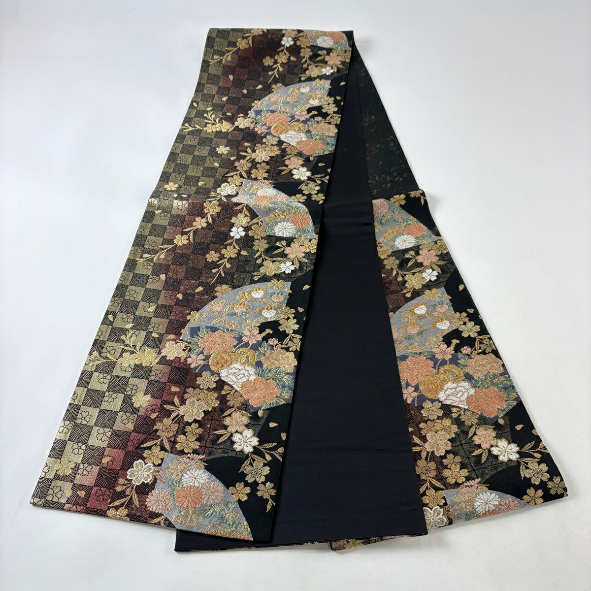 【美品】 袋帶 秀品級 扇子面 櫻花 金金箔 金銀彩 墨色 六通 純蠶絲
