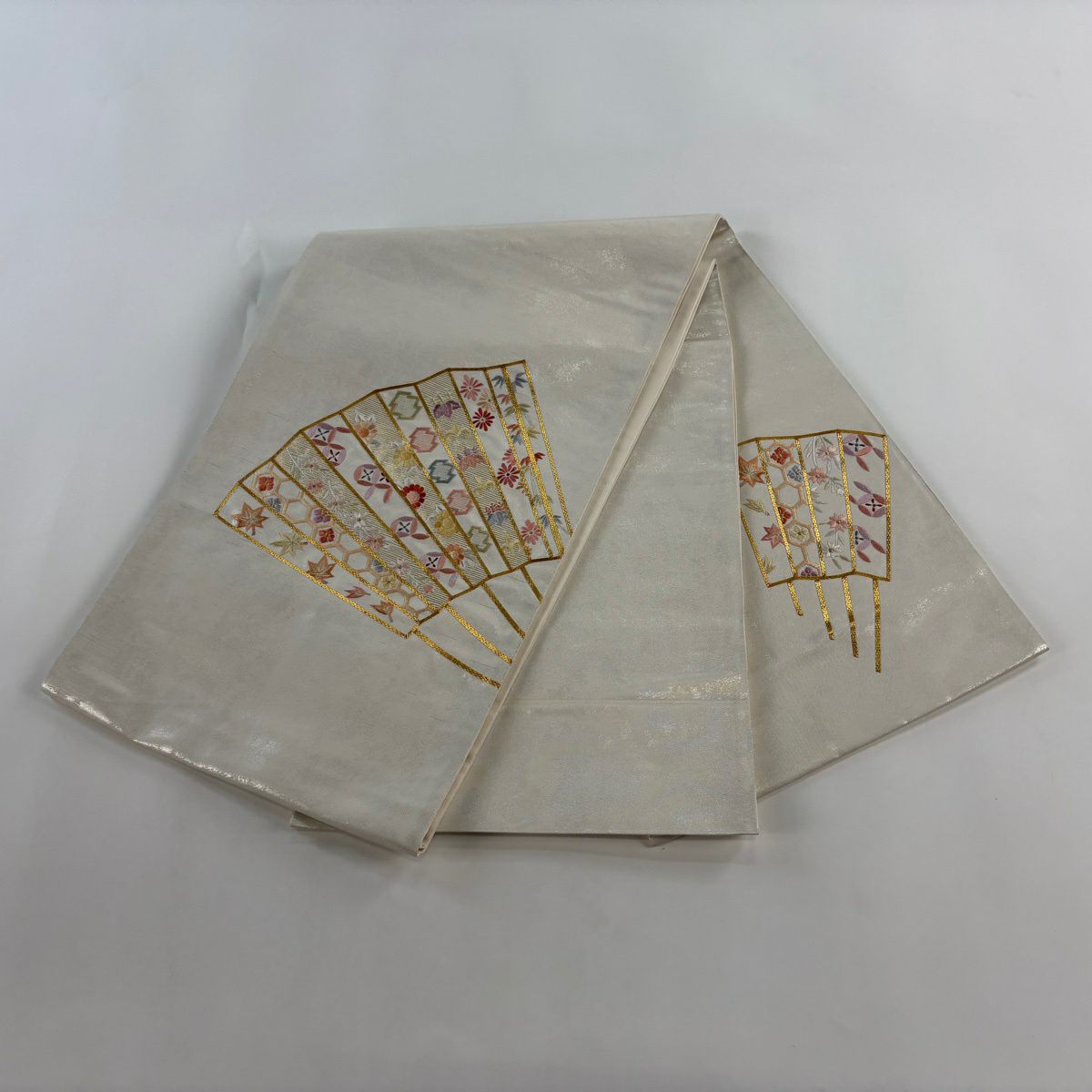 袋帶 秀品級 扇子 草花紋刺繡 金絲 灰白 大鼓圖案 純蠶絲
