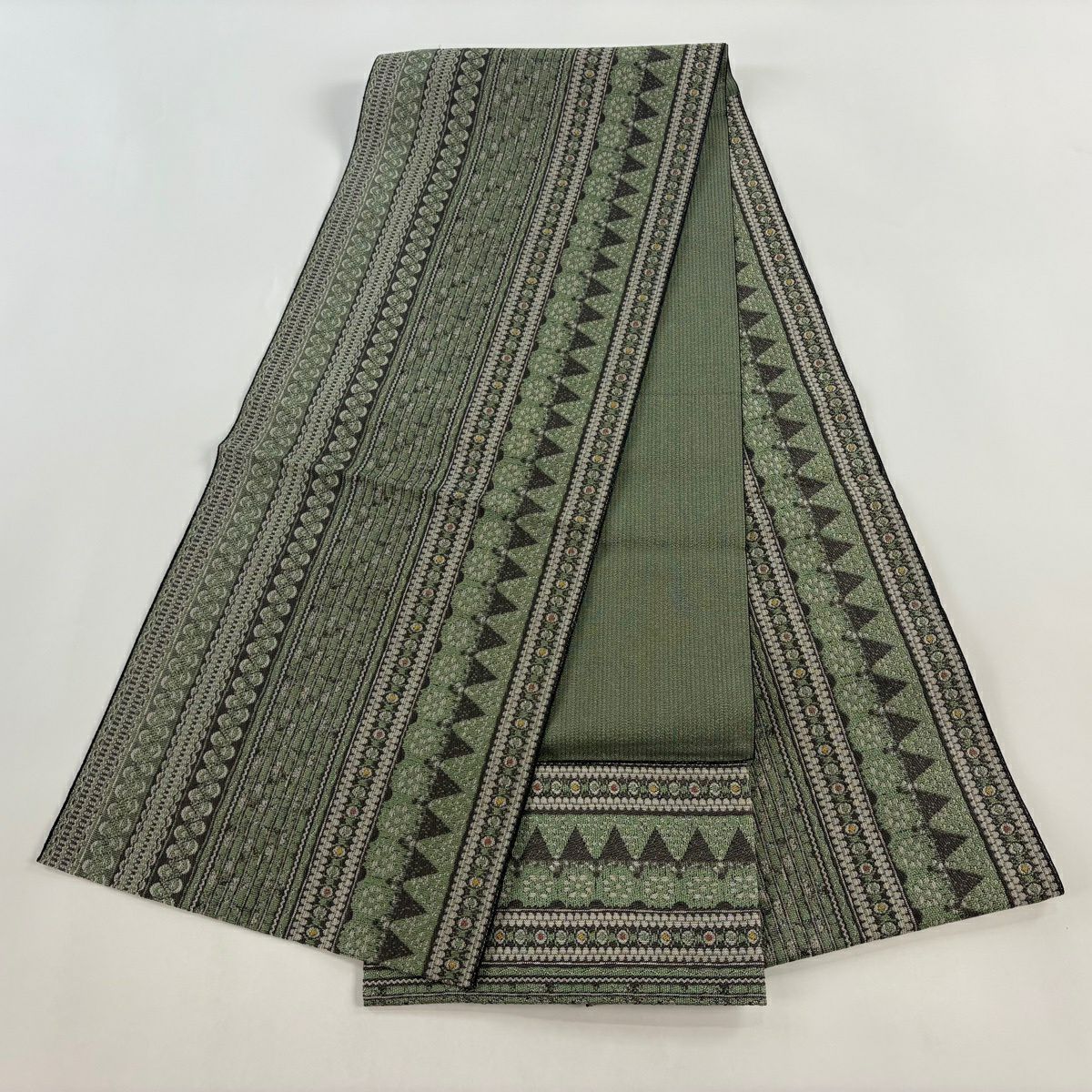 【美品】 名古屋帶 優品級 八寸名古屋帶 松樹葉仕立 雜紋 幾何圖案 金線 綠色 純蠶絲