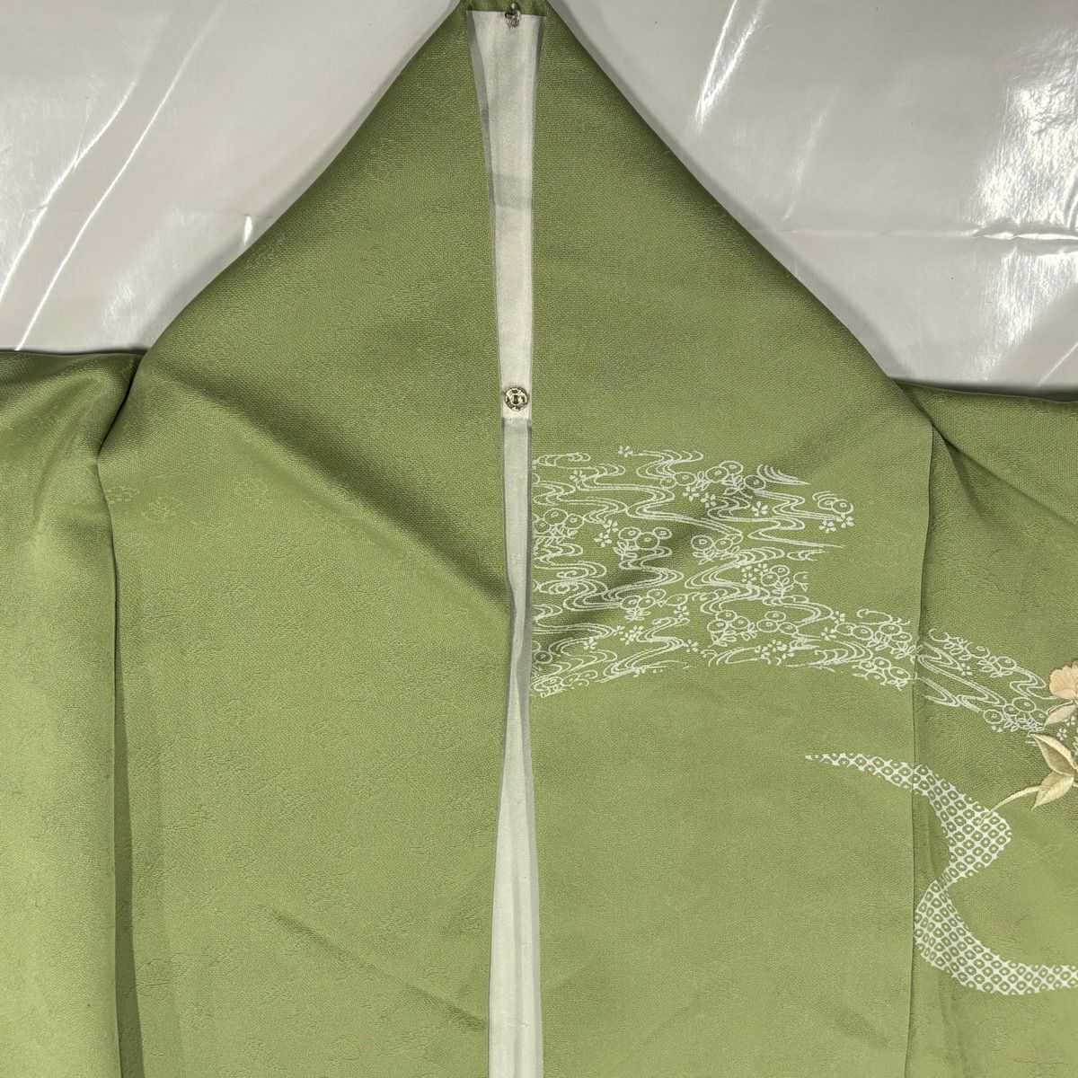 訪問服 身長151cm 袖長62cm S 雙層 草花紋紋 流水刺繡 金彩裝飾 抹茶 純蠶絲 秀品級