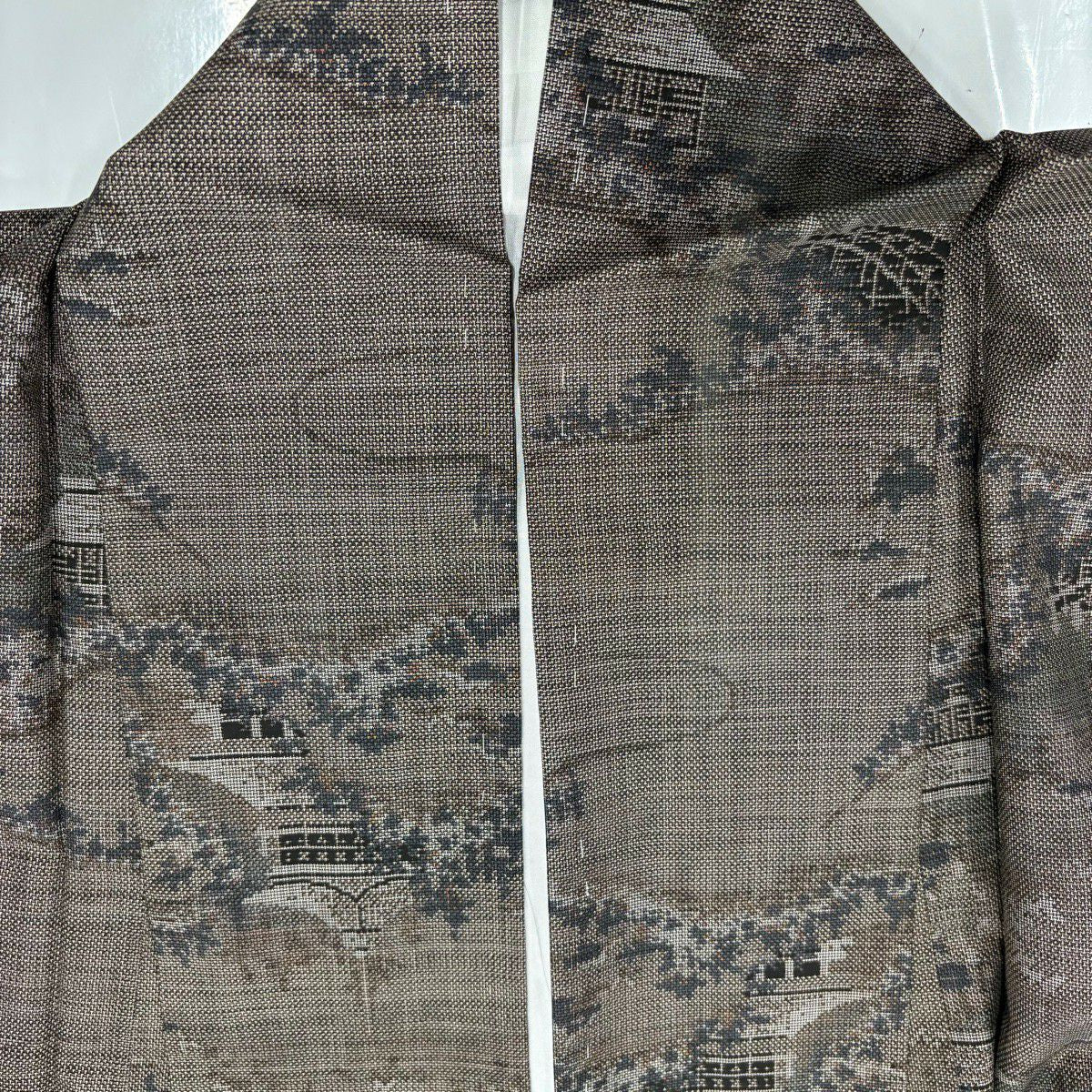 【美品】 紬織 身長159cm 袖長65cm M 雙層 建物 樹木 焦茶 純蠶絲 秀品級