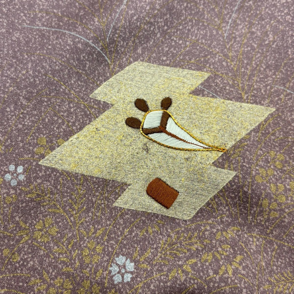 付下 身長155.5cm 袖長64cm M 雙層 寶物滿載 草花紋紋 刺繡 金絲 灰紫 純蠶絲 優品級