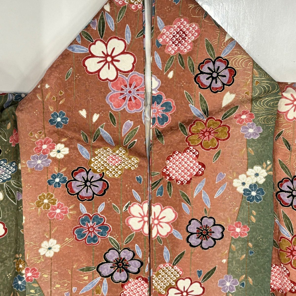 【美品】 小紋 身長152.5cm 袖長64cm M 雙層 樱花 流水 金彩裝飾 染分 灰綠 純蠶絲 秀品級