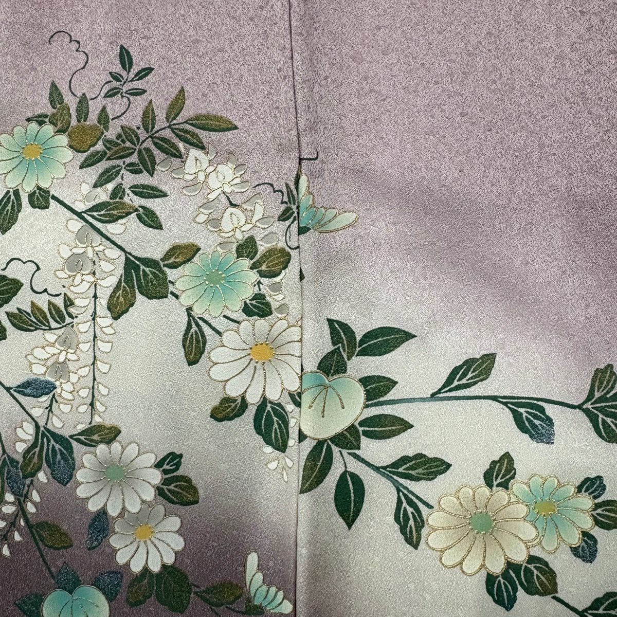 訪問服 身長160.5cm 袖長63.5cm S 雙層 扇子 草花紋紋 螺鈿 金彩裝飾 薄紫 純蠶絲 秀品級